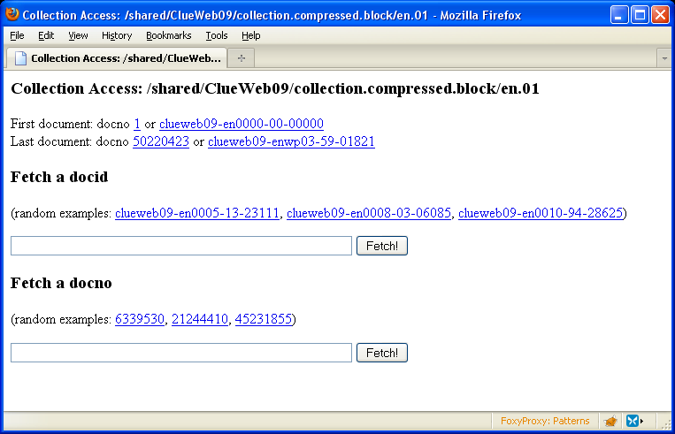 Screenshot of interface for accessing documents in ClueWeb09